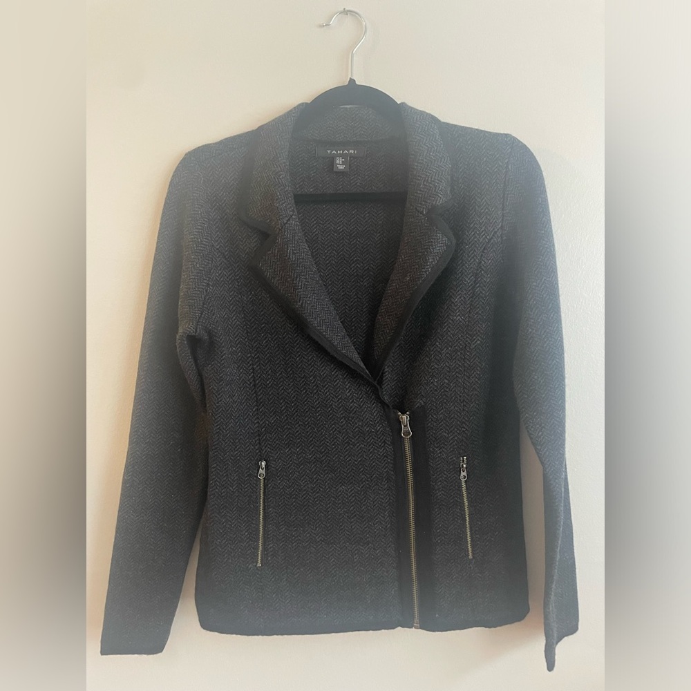 Tahari Black and Gray Wool blend Zip-Up Jacket